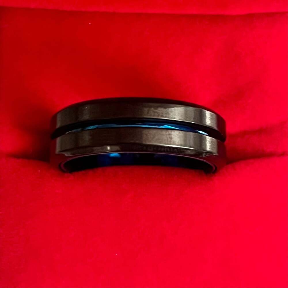 Black Zirconium Ring With Blue IP-Plated Stripes 8mm Band Size 11